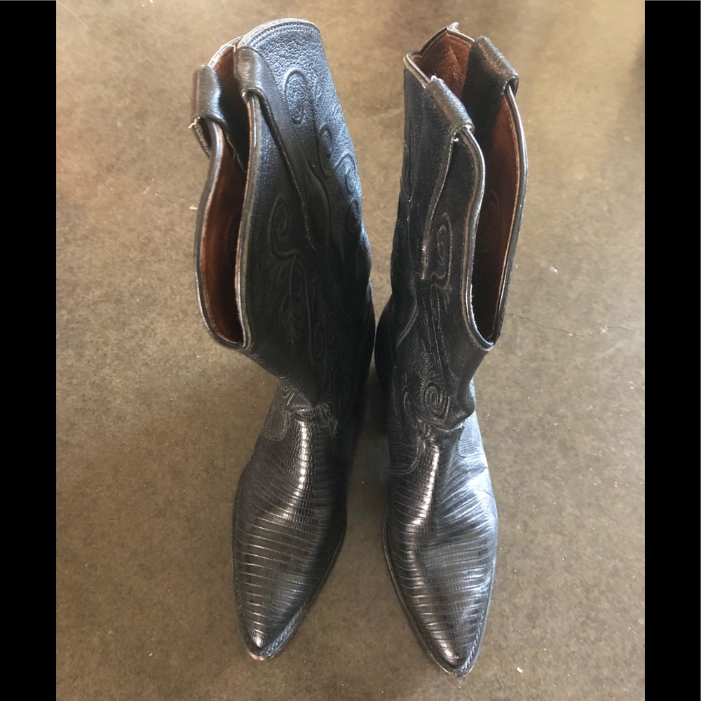 Tony Lama pointed toe Black Brilliant lizard leather western boots - Picture 3 of 9